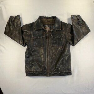 Hawke & Co - Boys Leather Jacket Fur Interior Aviator Scientific Transport Sz 7